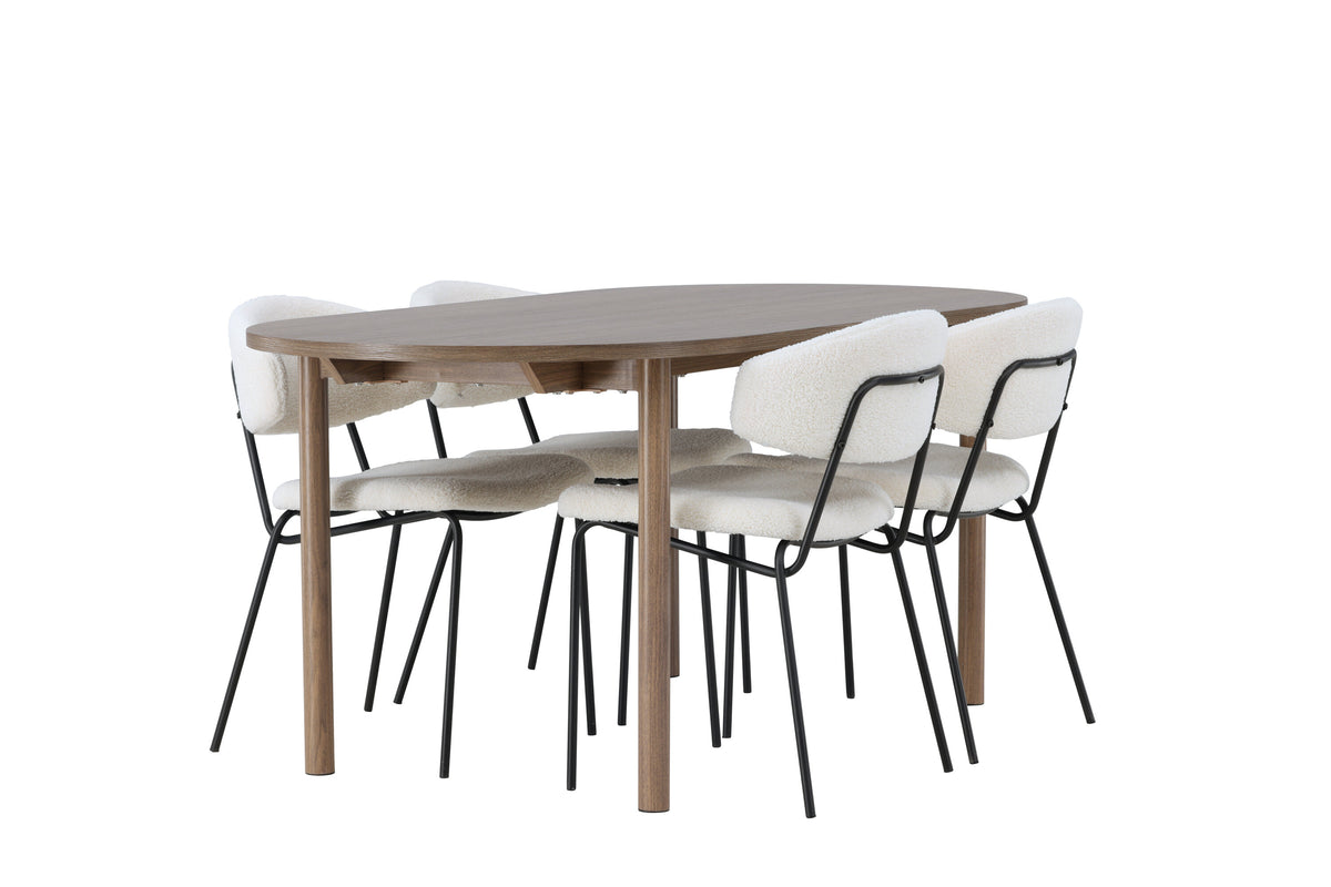 Andy matgrupp 180x75 cm naturfärgad MDF med 4 Chico stolar i svart och vit bouclé
