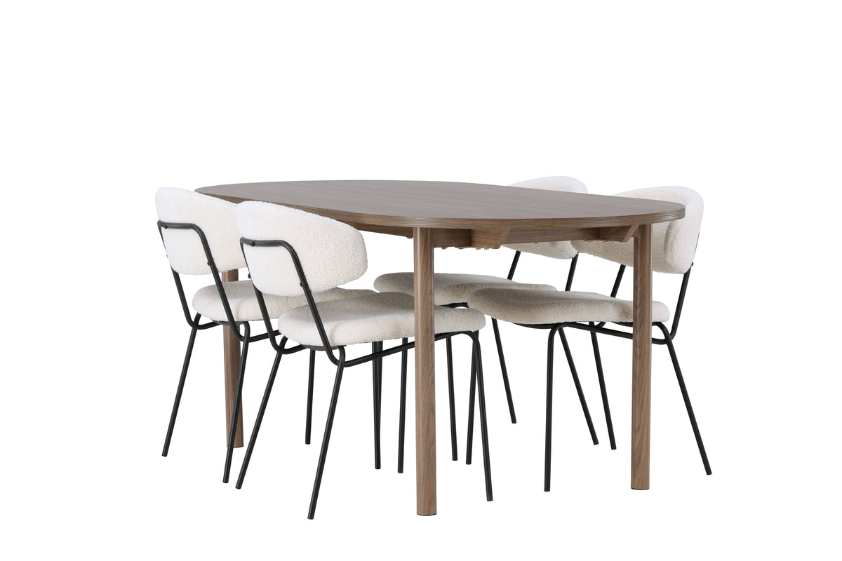 Andy matgrupp 180x75 cm naturfärgad MDF med 4 Chico stolar i svart och vit bouclé