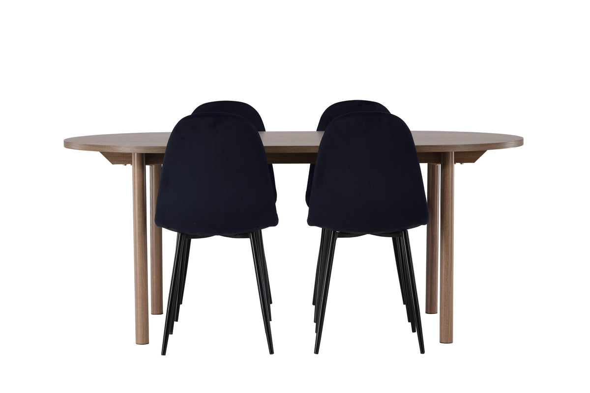 Andy matgrupp 180x75 cm naturfärgad MDF med 4 Polar stolar i svart sammet med svarta ben
