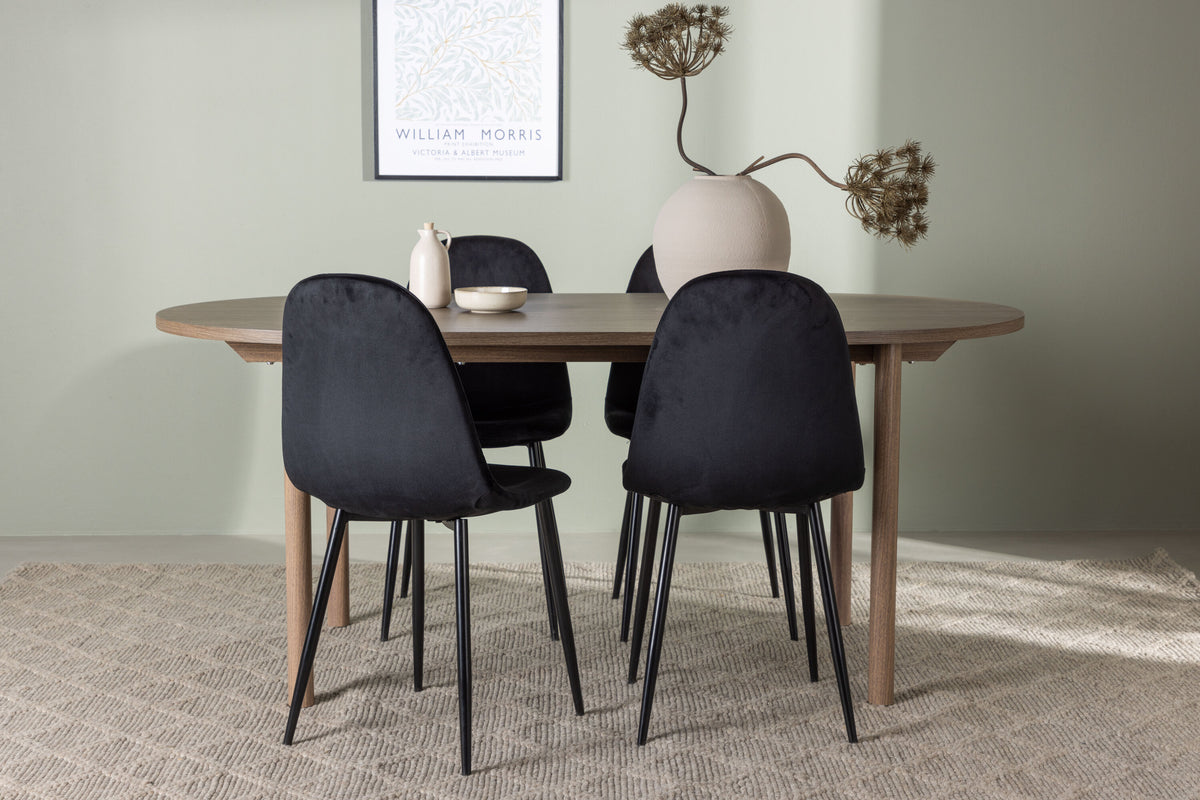 Andy matgrupp 180x75 cm naturfärgad MDF med 4 Polar stolar i svart sammet med svarta ben