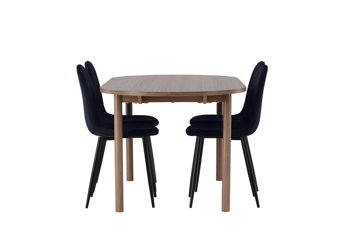 Andy matgrupp 180x75 cm naturfärgad MDF med 4 Polar stolar i svart sammet med svarta ben