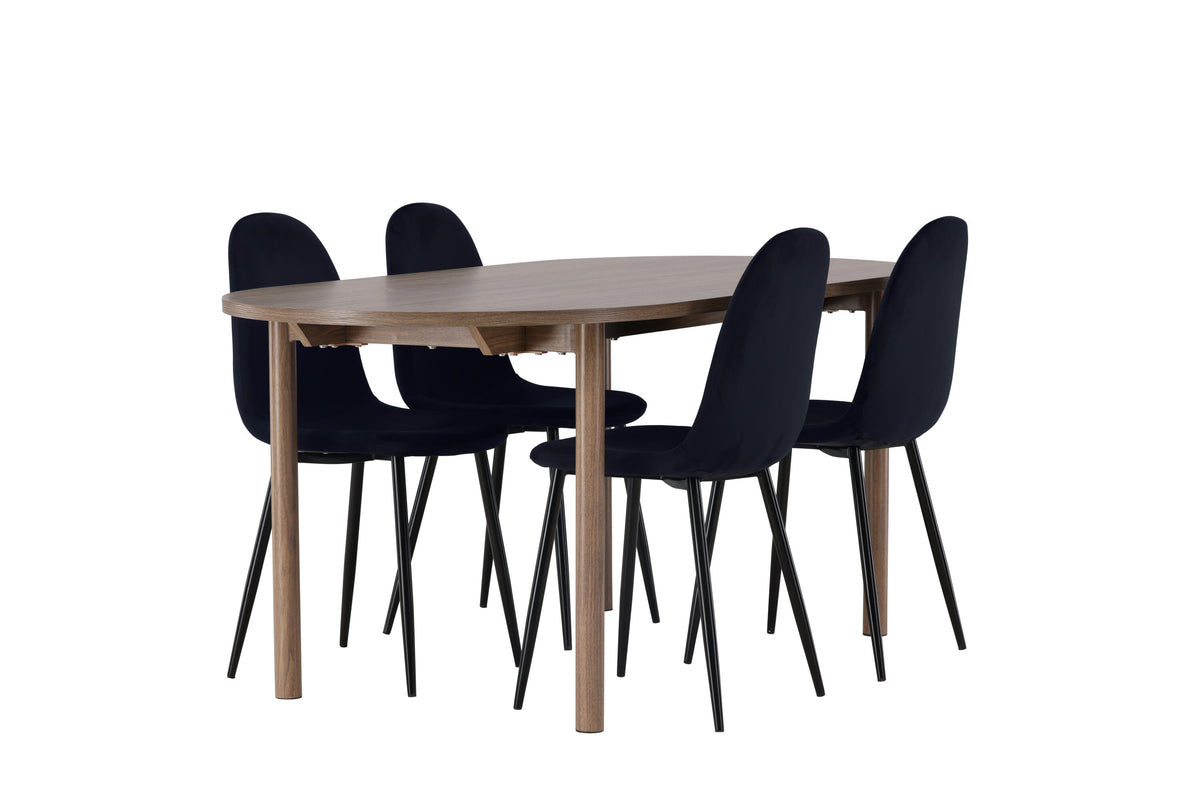 Andy matgrupp 180x75 cm naturfärgad MDF med 4 Polar stolar i svart sammet med svarta ben