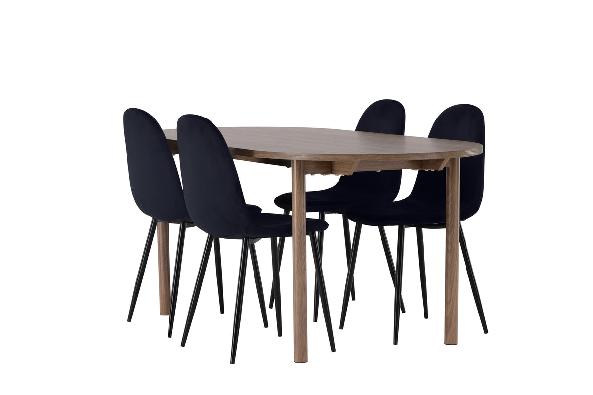 Andy matgrupp 180x75 cm naturfärgad MDF med 4 Polar stolar i svart sammet med svarta ben