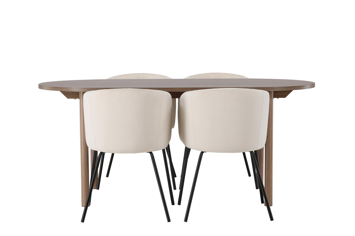 Andy matgrupp 180x75 cm naturfärgad MDF med 4 Berit stolar i svart och beige sammet