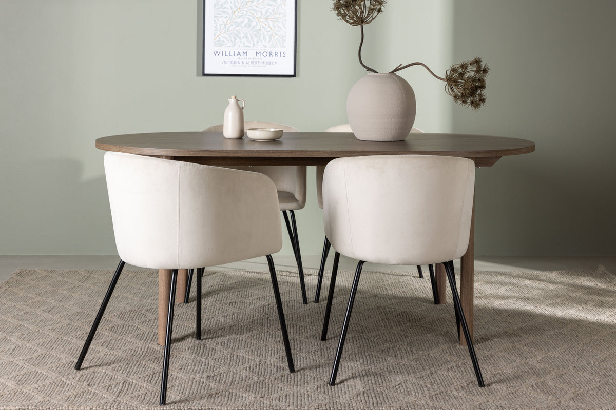 Andy matgrupp 180x75 cm naturfärgad MDF med 4 Berit stolar i svart och beige sammet