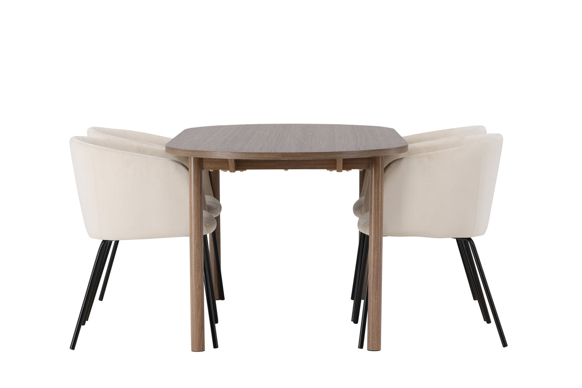 Andy matgrupp 180x75 cm naturfärgad MDF med 4 Berit stolar i svart och beige sammet