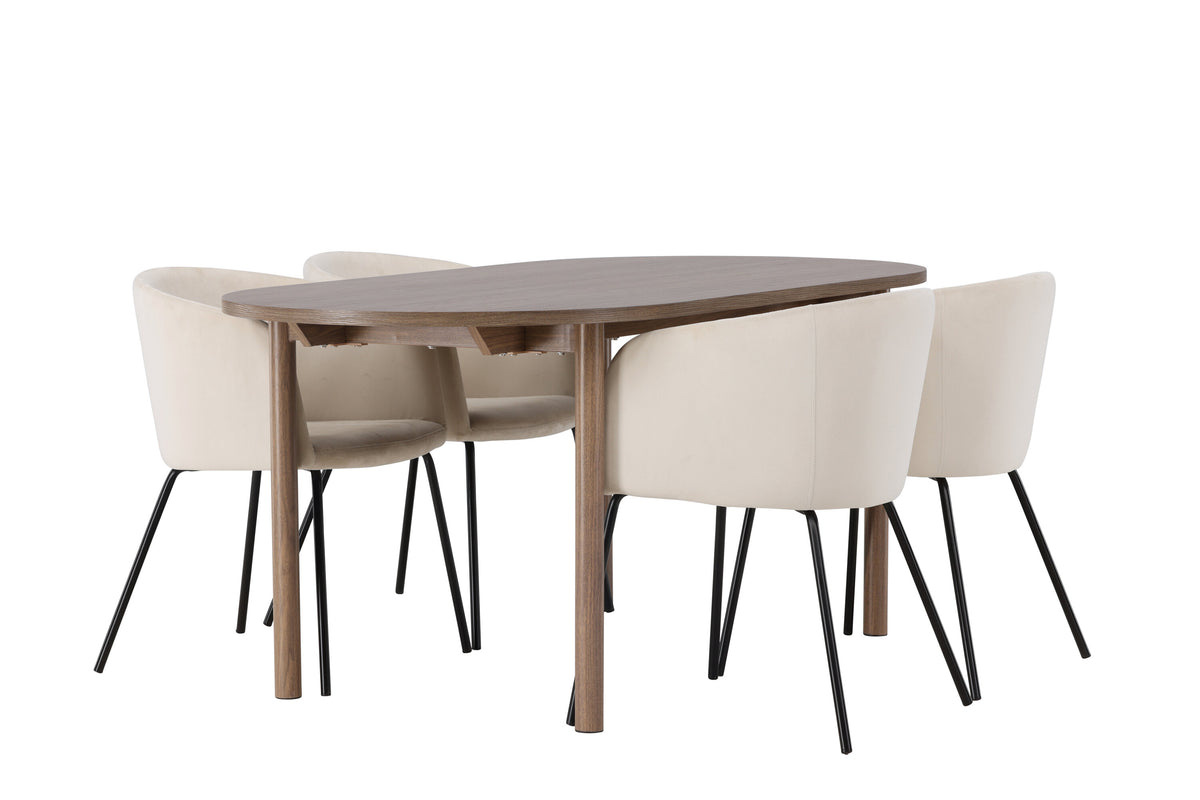Andy matgrupp 180x75 cm naturfärgad MDF med 4 Berit stolar i svart och beige sammet