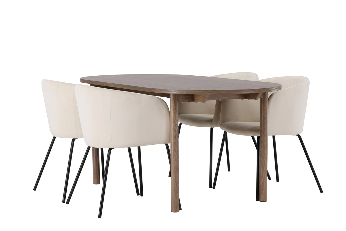 Andy matgrupp 180x75 cm naturfärgad MDF med 4 Berit stolar i svart och beige sammet