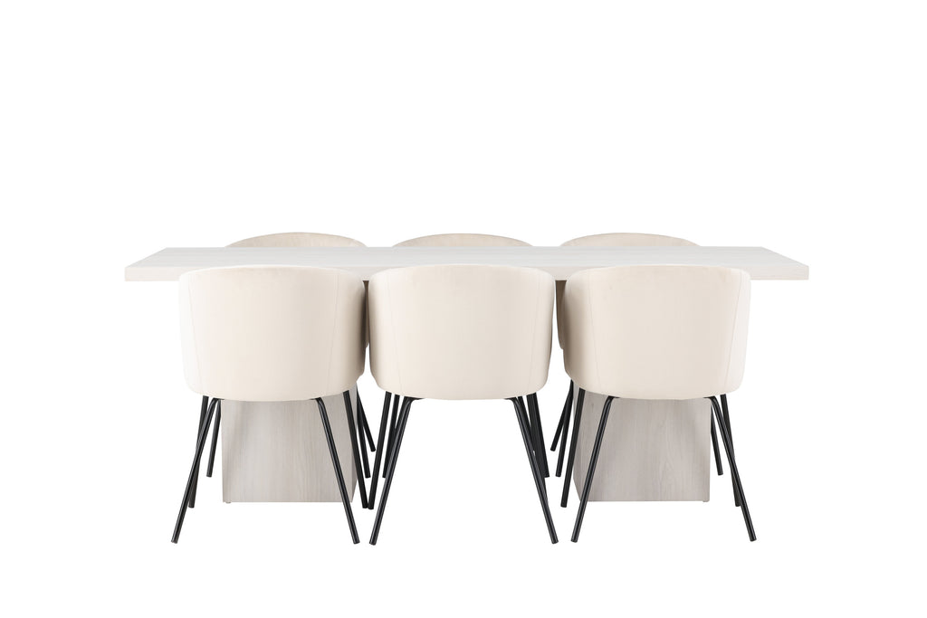 Olga matgrupp 200x75 cm vitlaserad med 6 Berit stolar i svart och beige sammet