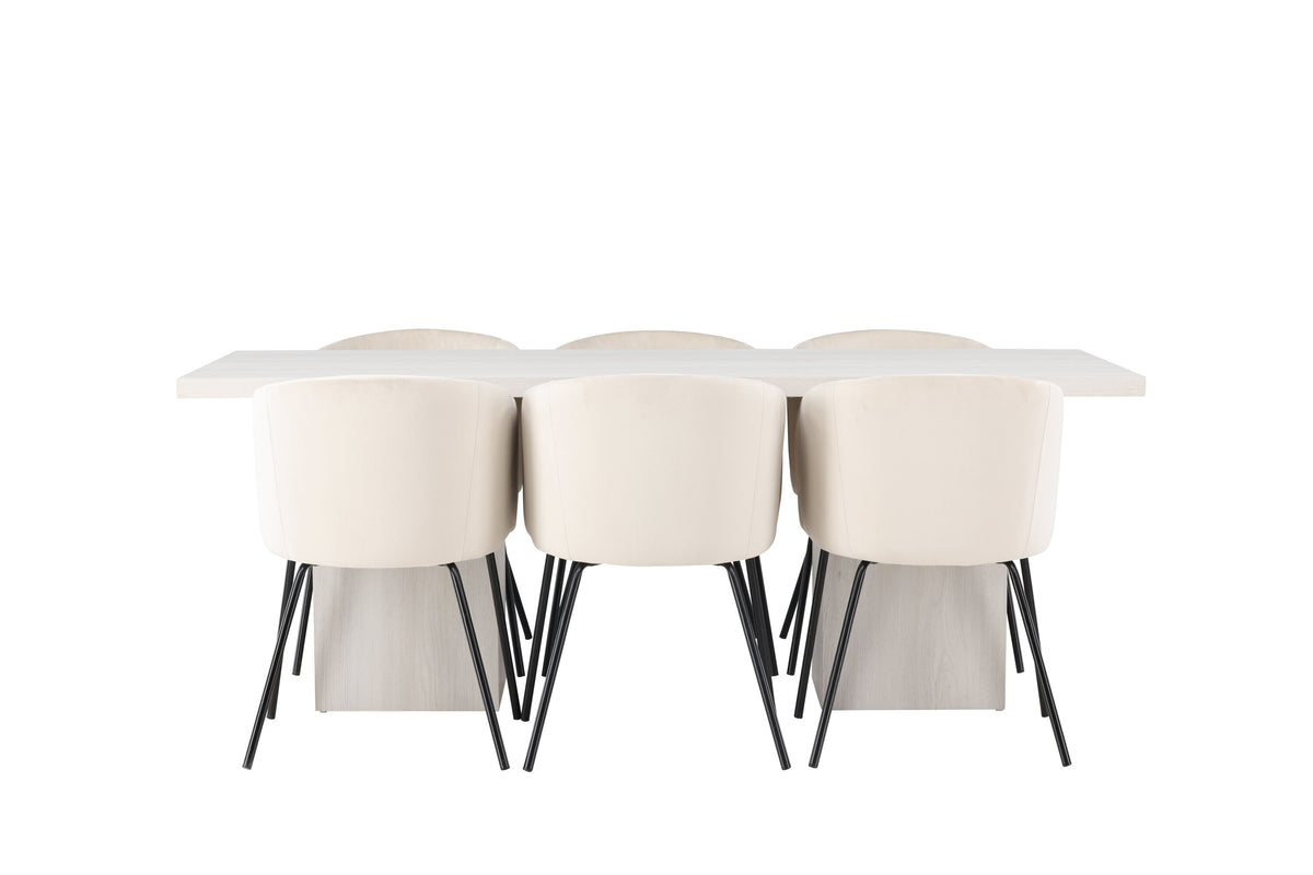Olga matgrupp 200x75 cm vitlaserad med 6 Berit stolar i svart och beige sammet