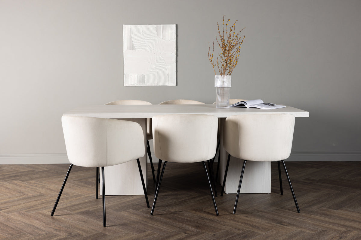 Olga matgrupp 200x75 cm vitlaserad med 6 Berit stolar i svart och beige sammet