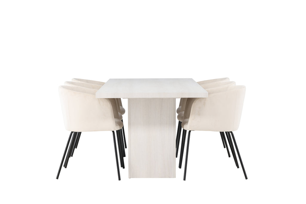 Olga matgrupp 200x75 cm vitlaserad med 6 Berit stolar i svart och beige sammet