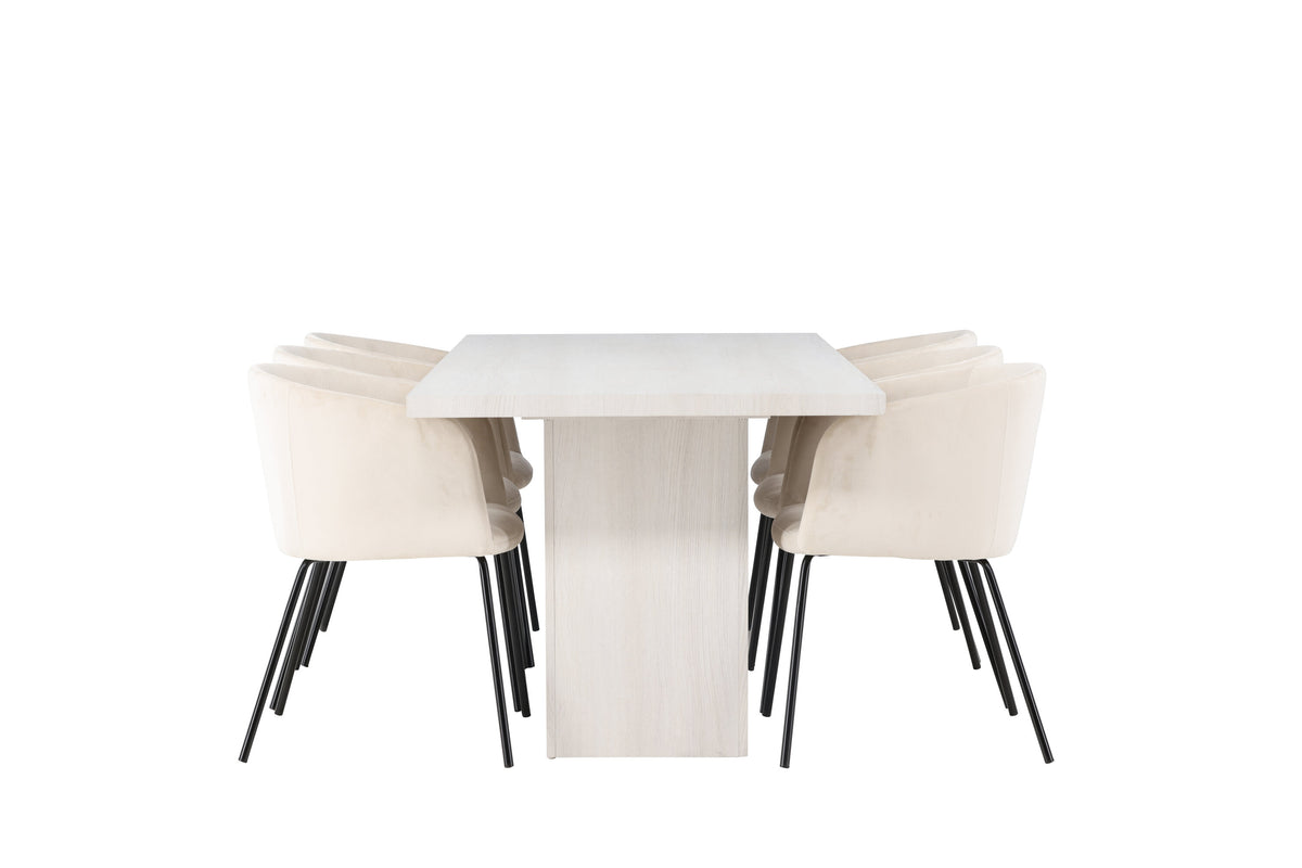 Olga matgrupp 200x75 cm vitlaserad med 6 Berit stolar i svart och beige sammet