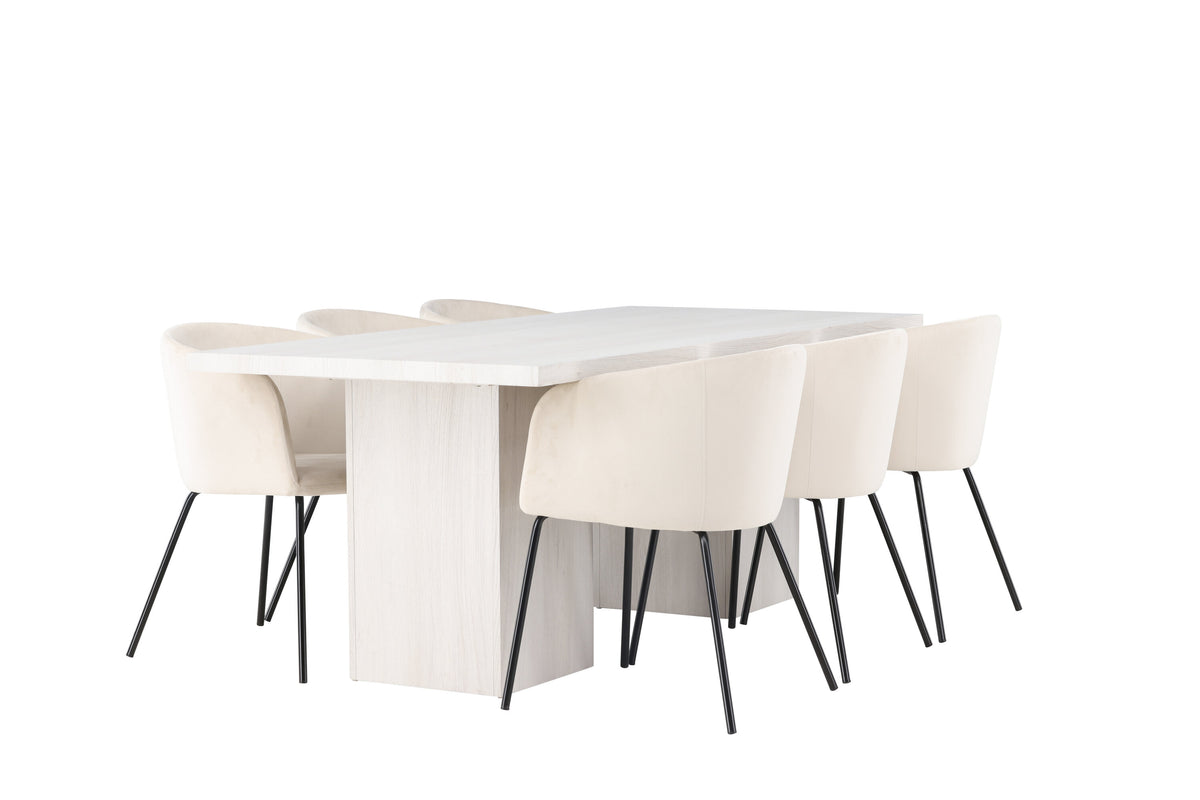 Olga matgrupp 200x75 cm vitlaserad med 6 Berit stolar i svart och beige sammet