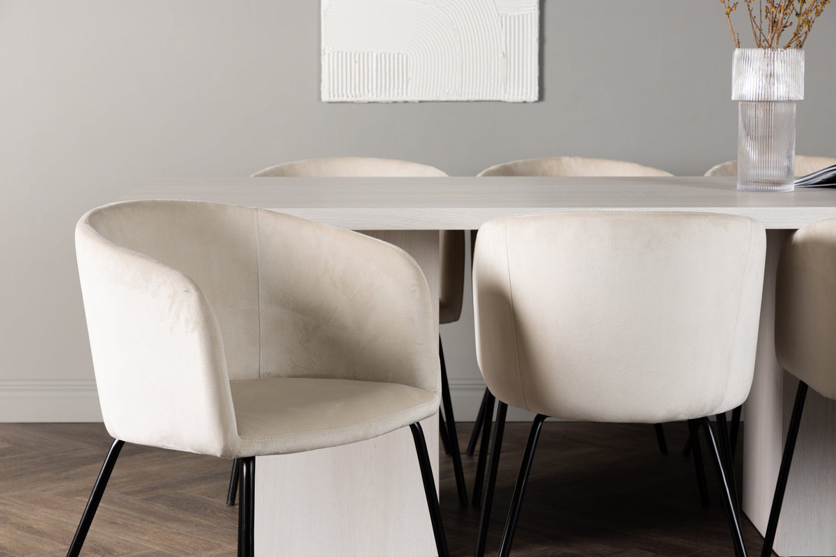 Olga matgrupp 200x75 cm vitlaserad med 6 Berit stolar i svart och beige sammet