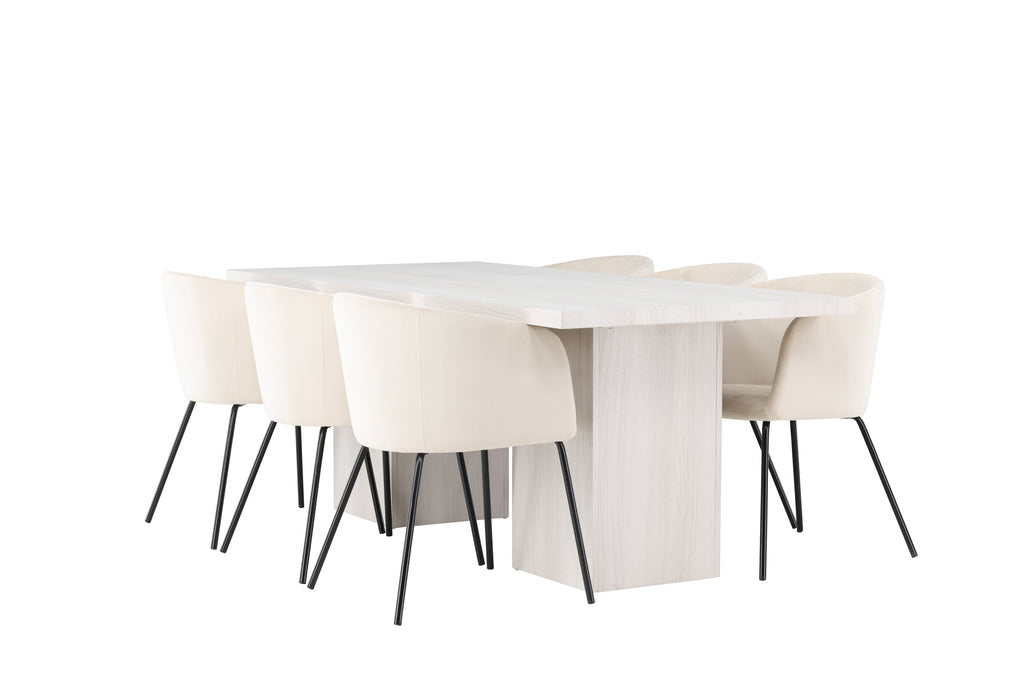 Olga matgrupp 200x75 cm vitlaserad med 6 Berit stolar i svart och beige sammet