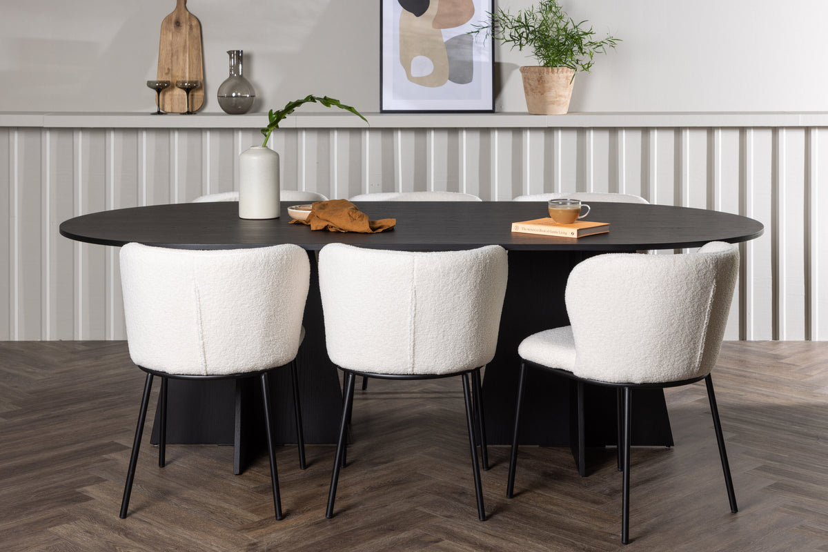 Bootcut oval matgrupp med 6 Edina stolar svart faner och vit bouclé