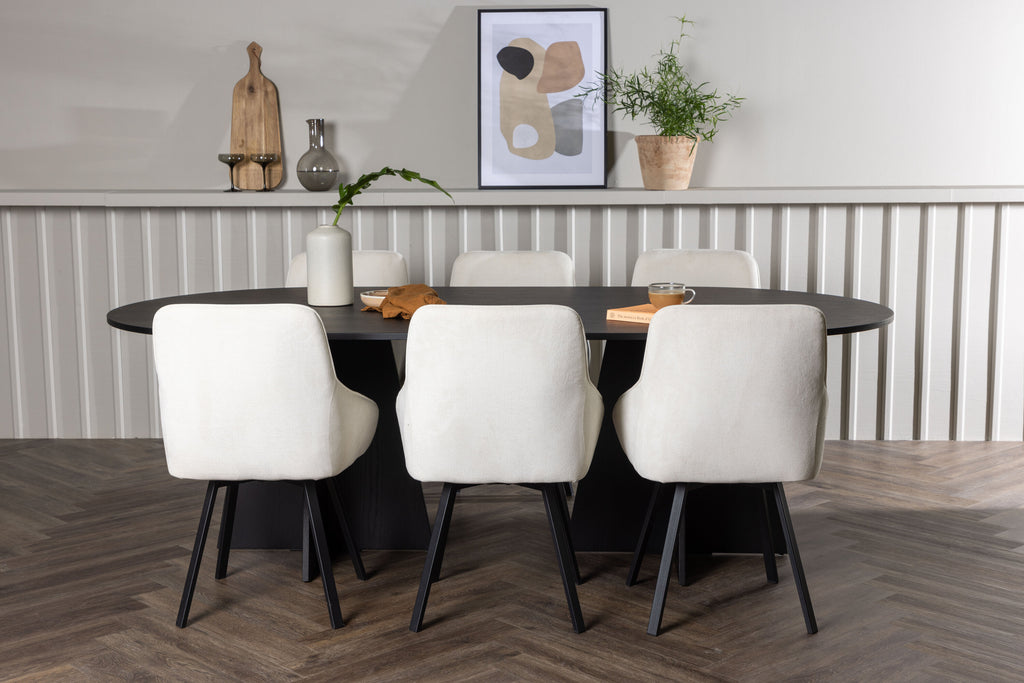 Bootcut oval matgrupp med 6 Rosie stolar svart faner och beige tyg