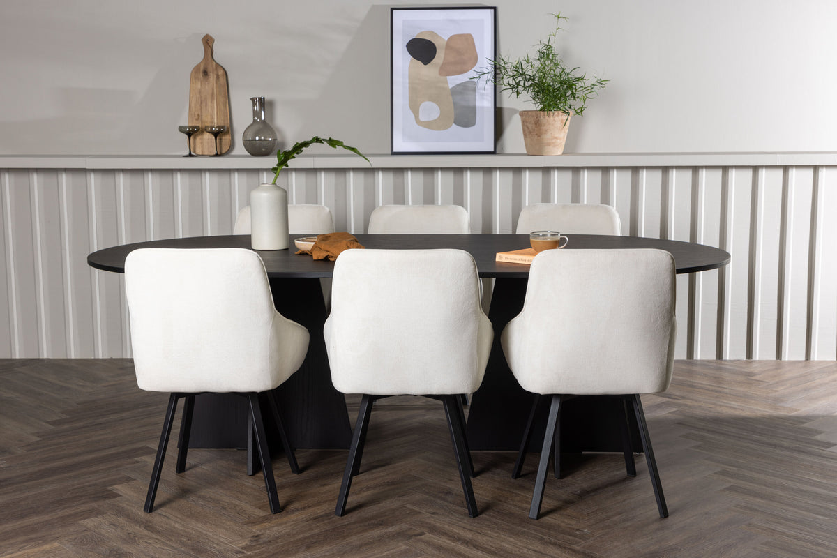 Bootcut oval matgrupp med 6 Rosie stolar svart faner och beige tyg