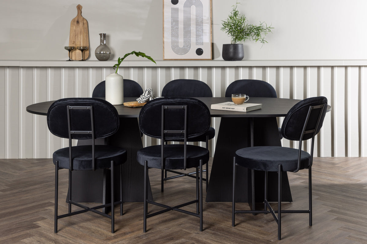 Bootcut och Stella oval matgrupp med 6 stolar svart fanér och sammet