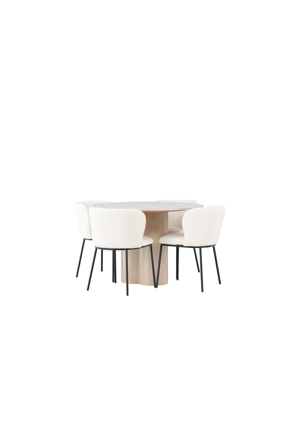 Olivia och Edina rund matgrupp med 4 stolar vitlaserad fanér, svart och vit bouclé