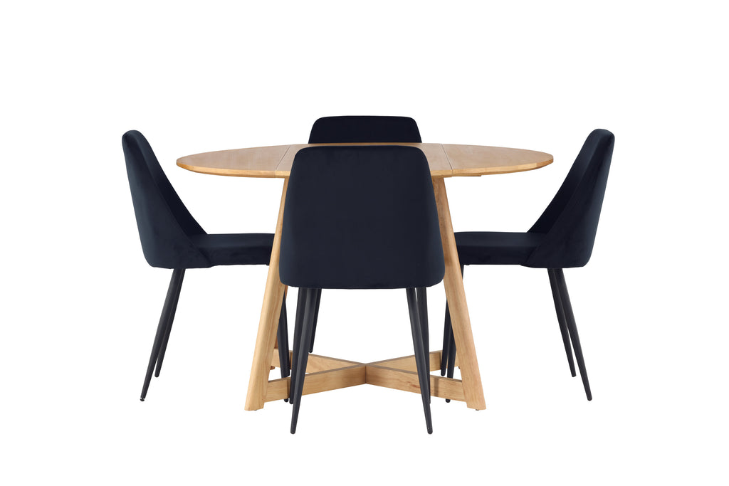 Yakidon och Night rund matgrupp med 4 stolar i ekimitation och svart sammet