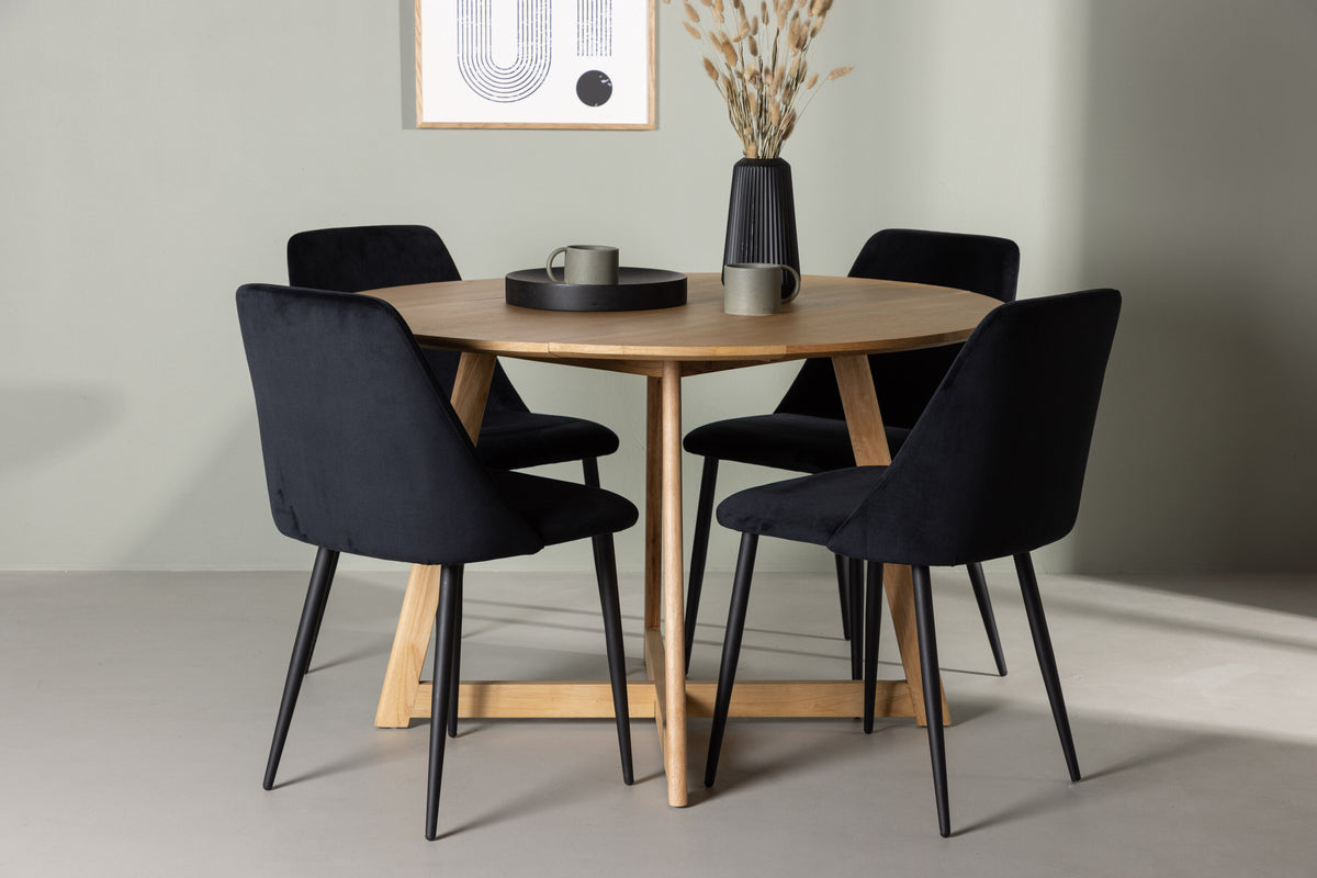 Yakidon och Night rund matgrupp med 4 stolar i ekimitation och svart sammet