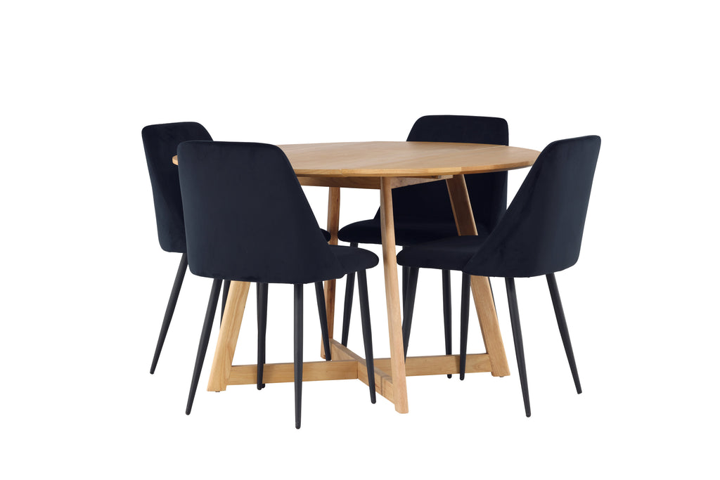 Yakidon och Night rund matgrupp med 4 stolar i ekimitation och svart sammet