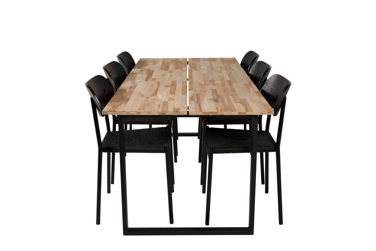 Cirebon matgrupp med Polly-stolar 200x90 cm teak och svart