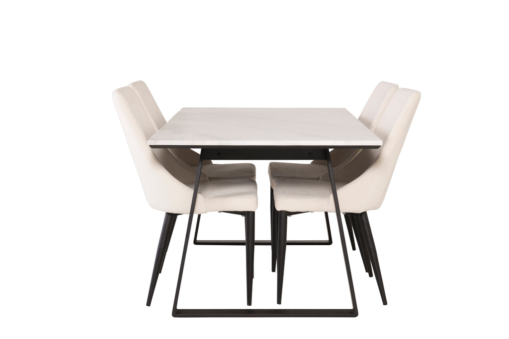 Estelle/Leone rektangulär matgrupp 140x90 cm vit marmor och beige manchester med svarta ben