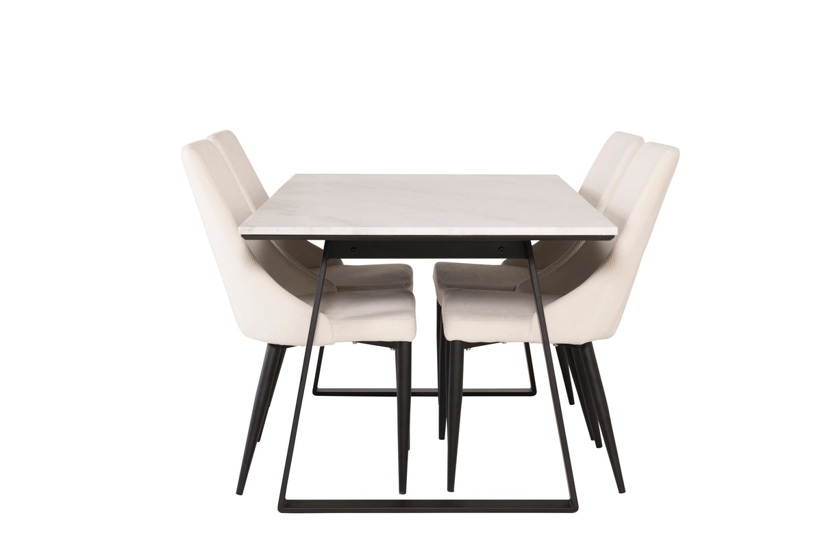 Estelle/Leone rektangulär matgrupp 140x90 cm vit marmor och beige manchester med svarta ben