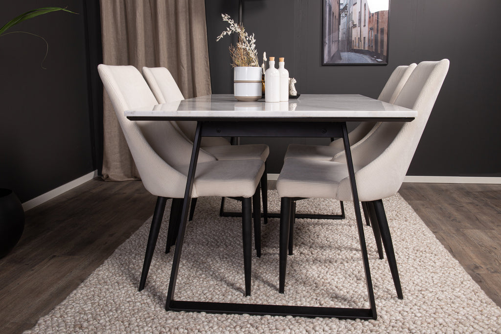 Estelle/Leone rektangulär matgrupp 140x90 cm vit marmor och beige manchester med svarta ben