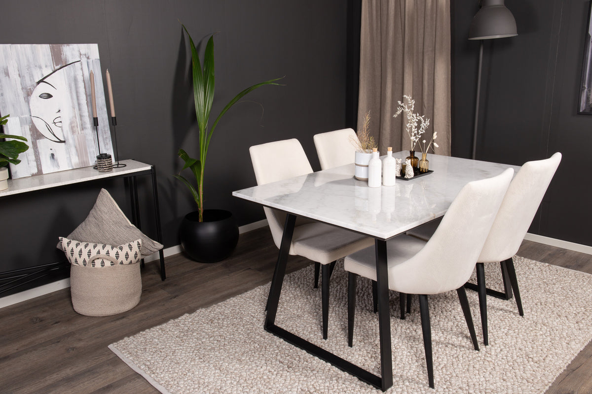 Estelle/Leone rektangulär matgrupp 140x90 cm vit marmor och beige manchester med svarta ben