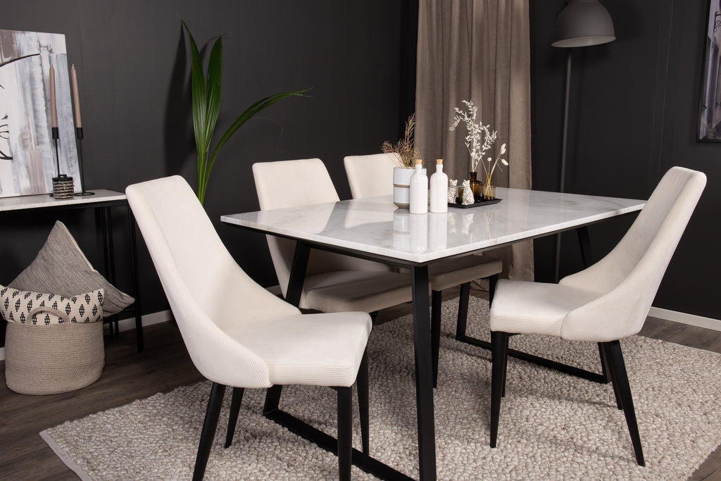 Estelle/Leone rektangulär matgrupp 140x90 cm vit marmor och beige manchester med svarta ben