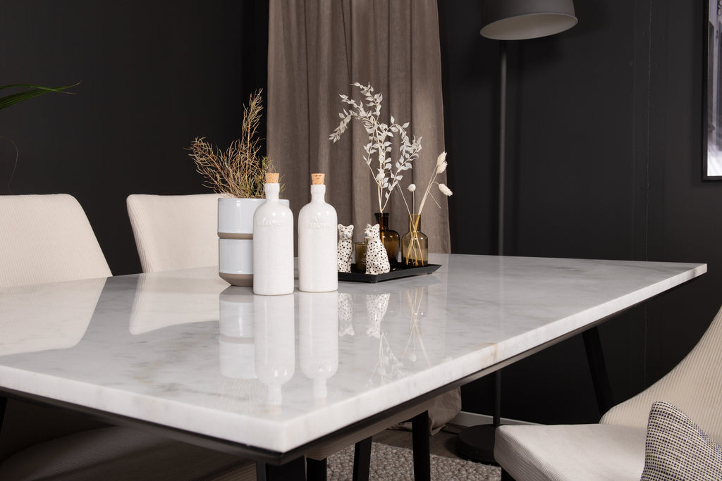 Estelle/Leone rektangulär matgrupp 140x90 cm vit marmor och beige manchester med svarta ben