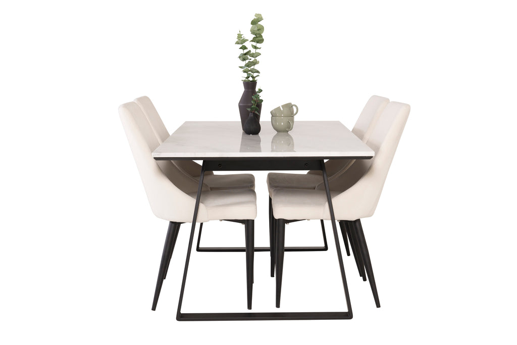 Estelle/Leone rektangulär matgrupp 140x90 cm vit marmor och beige manchester med svarta ben