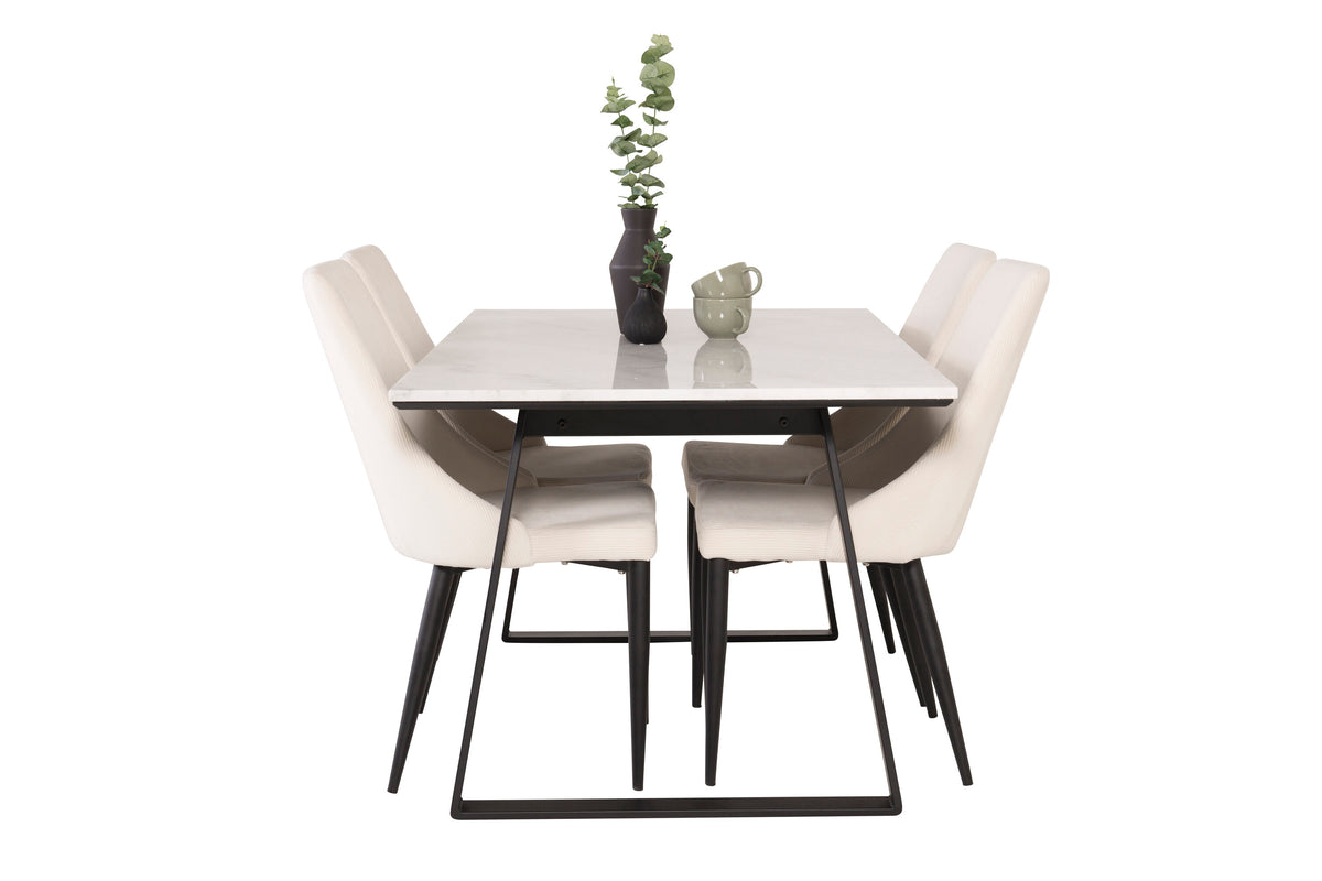 Estelle/Leone rektangulär matgrupp 140x90 cm vit marmor och beige manchester med svarta ben