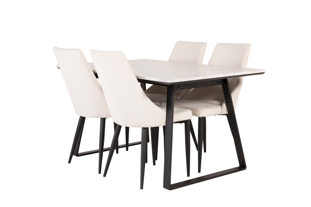 Estelle/Leone rektangulär matgrupp 140x90 cm vit marmor och beige manchester med svarta ben