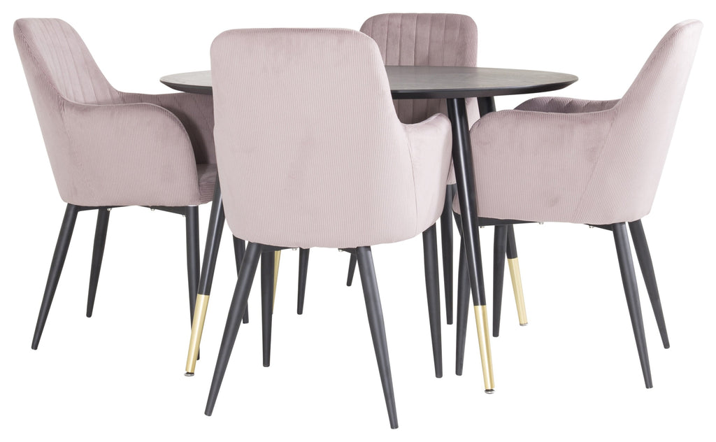 Dipp matgrupp med Comfort-stolar Ø115 cm svart faner, mässingsdetaljer och gammelrosa manchester