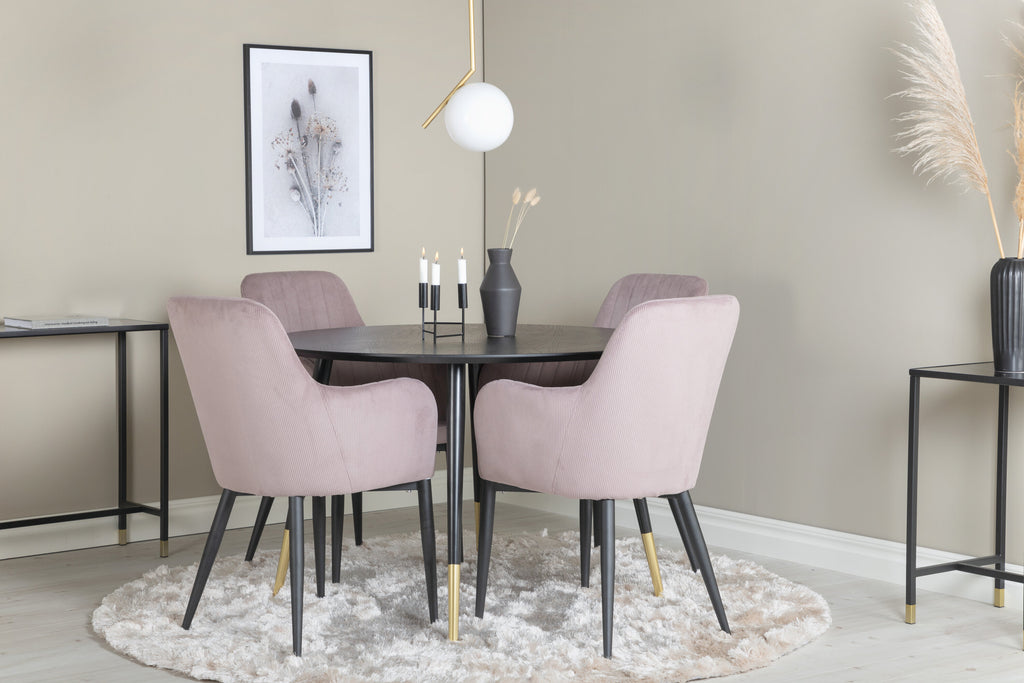 Dipp matgrupp med Comfort-stolar Ø115 cm svart faner, mässingsdetaljer och gammelrosa manchester