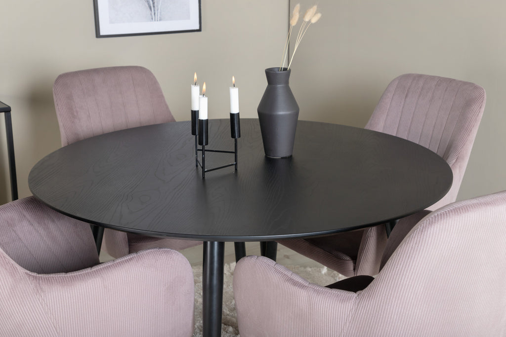 Dipp matgrupp med Comfort-stolar Ø115 cm svart faner, mässingsdetaljer och gammelrosa manchester