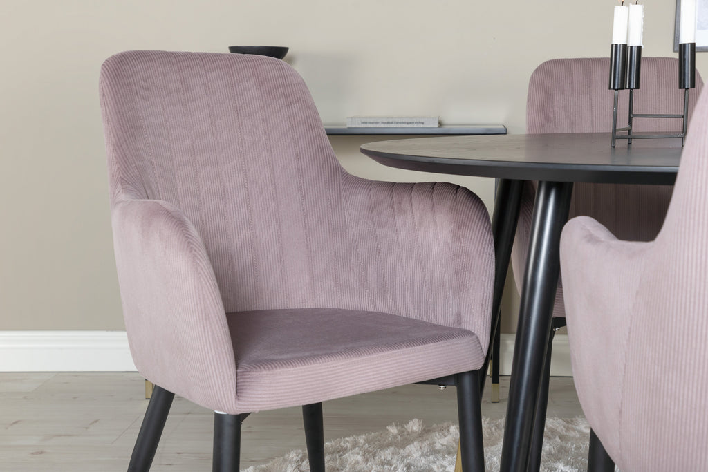 Dipp matgrupp med Comfort-stolar Ø115 cm svart faner, mässingsdetaljer och gammelrosa manchester