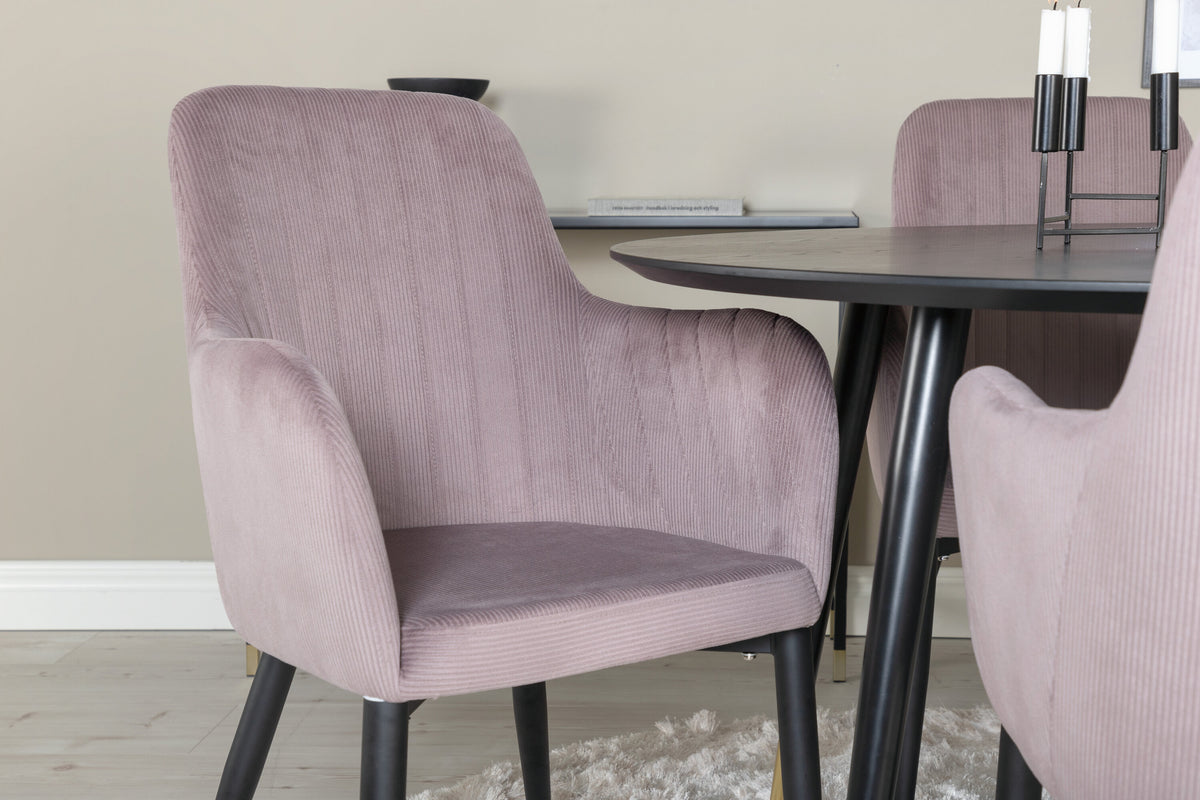 Dipp matgrupp med Comfort-stolar Ø115 cm svart faner, mässingsdetaljer och gammelrosa manchester