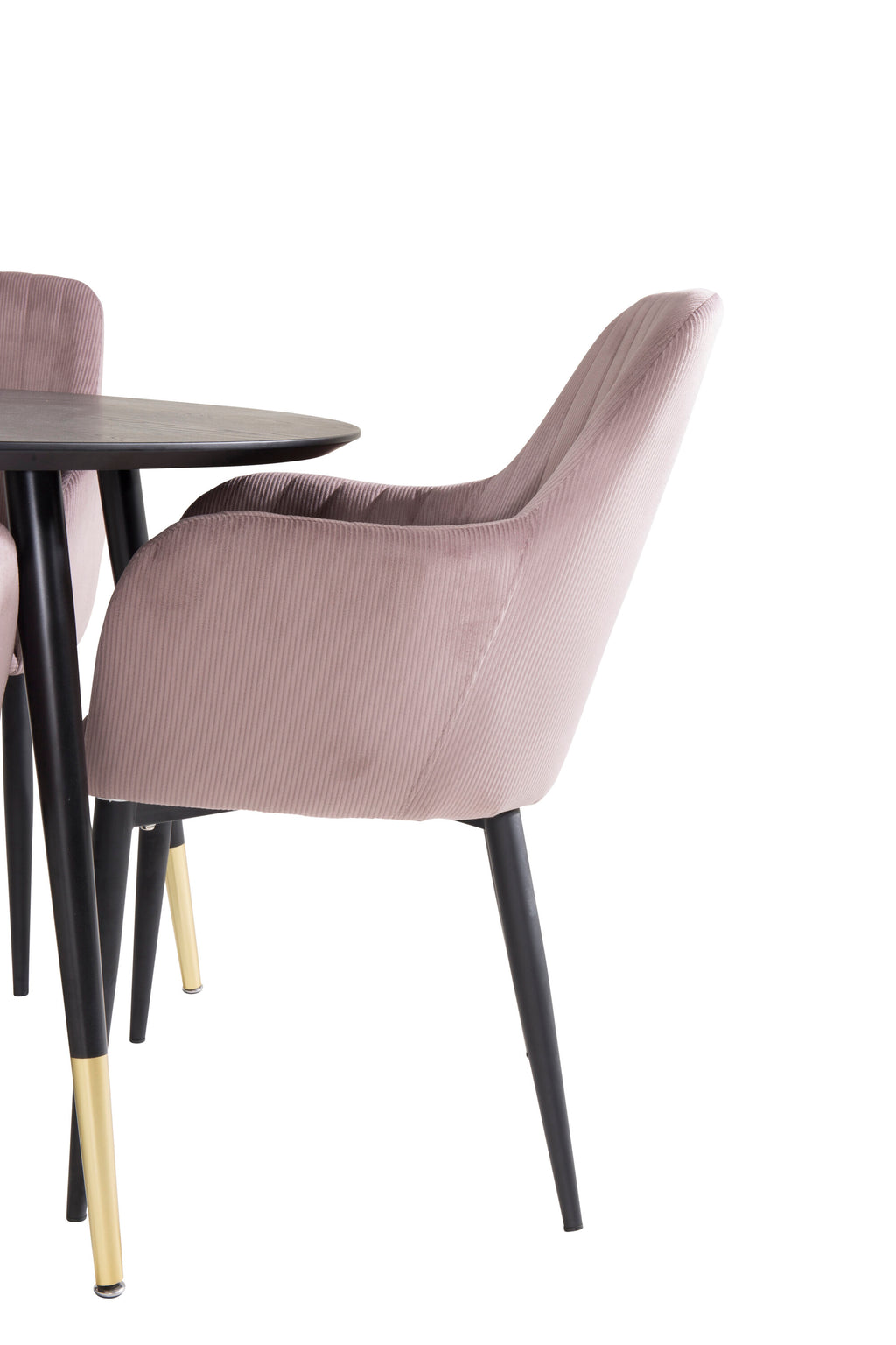 Dipp matgrupp med Comfort-stolar Ø115 cm svart faner, mässingsdetaljer och gammelrosa manchester