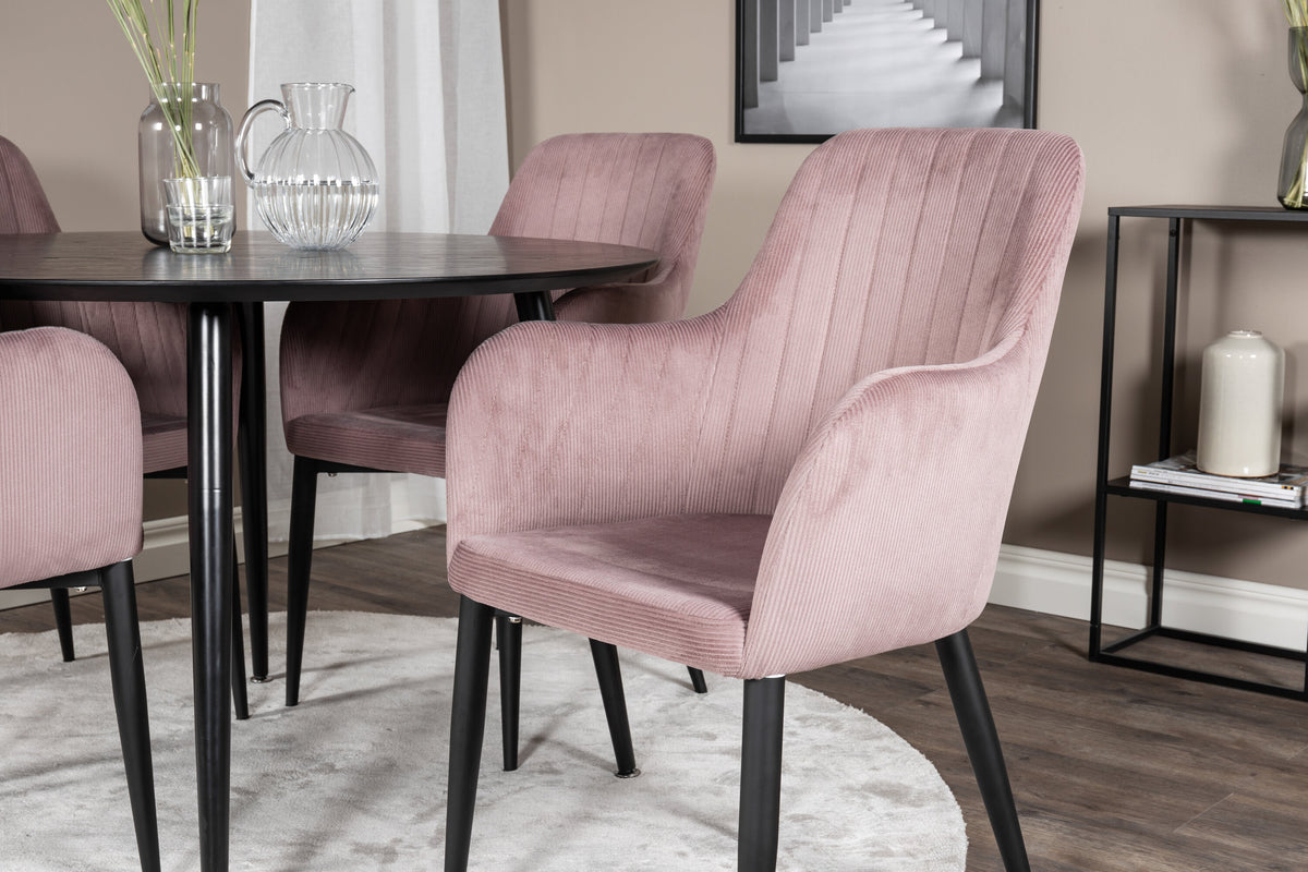 Dipp matgrupp med Comfort-stolar Ø115 cm svart faner och gammelrosa manchester