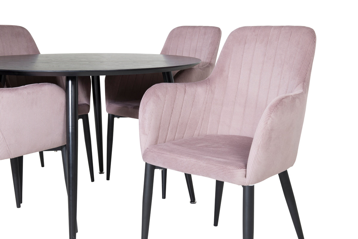 Dipp matgrupp med Comfort-stolar Ø115 cm svart faner och gammelrosa manchester