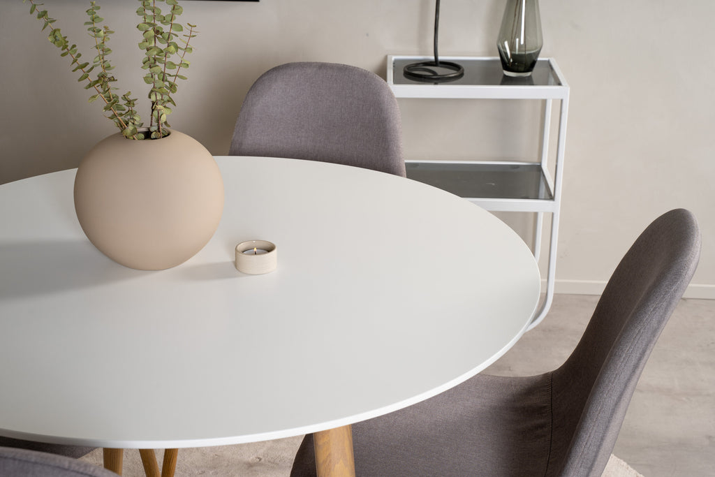 Plaza matgrupp med Polar-stolar Ø100 cm, höjd 75 cm, ekutseende, vit och grå