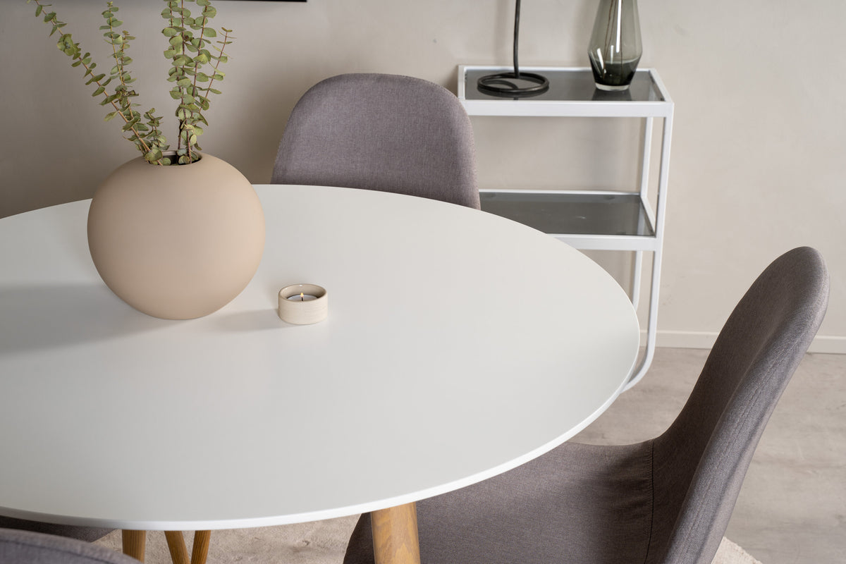 Plaza matgrupp med Polar-stolar Ø100 cm, höjd 75 cm, ekutseende, vit och grå