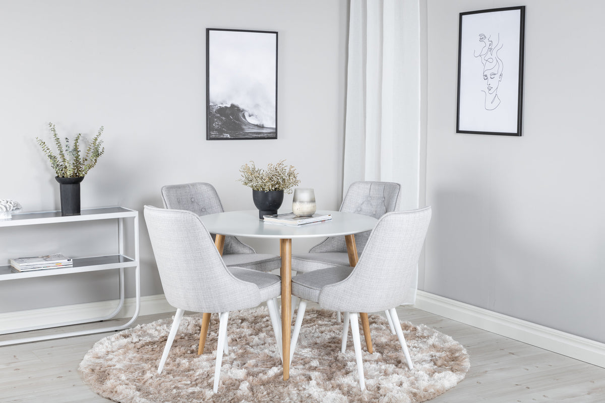 Plaza matgrupp med Velvet Deluxe-stolar Ø100 cm höjd 75 cm ekimitation, vit och ljusgrå
