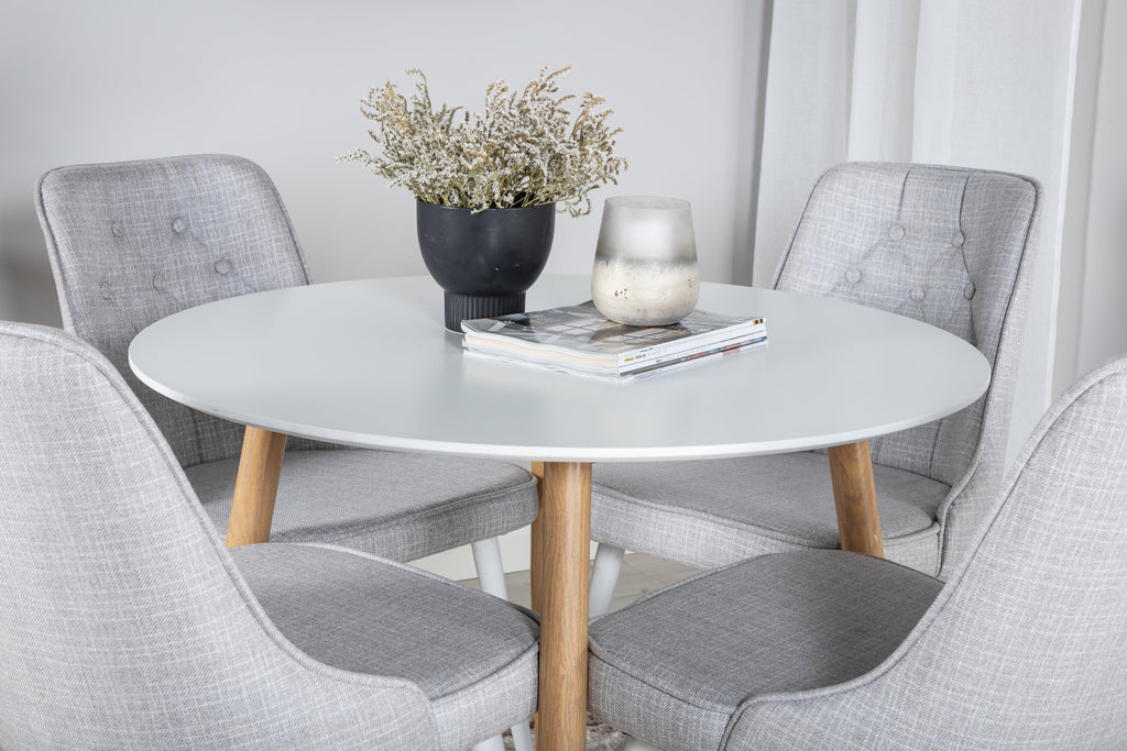 Plaza matgrupp med Velvet Deluxe-stolar Ø100 cm höjd 75 cm ekimitation, vit och ljusgrå